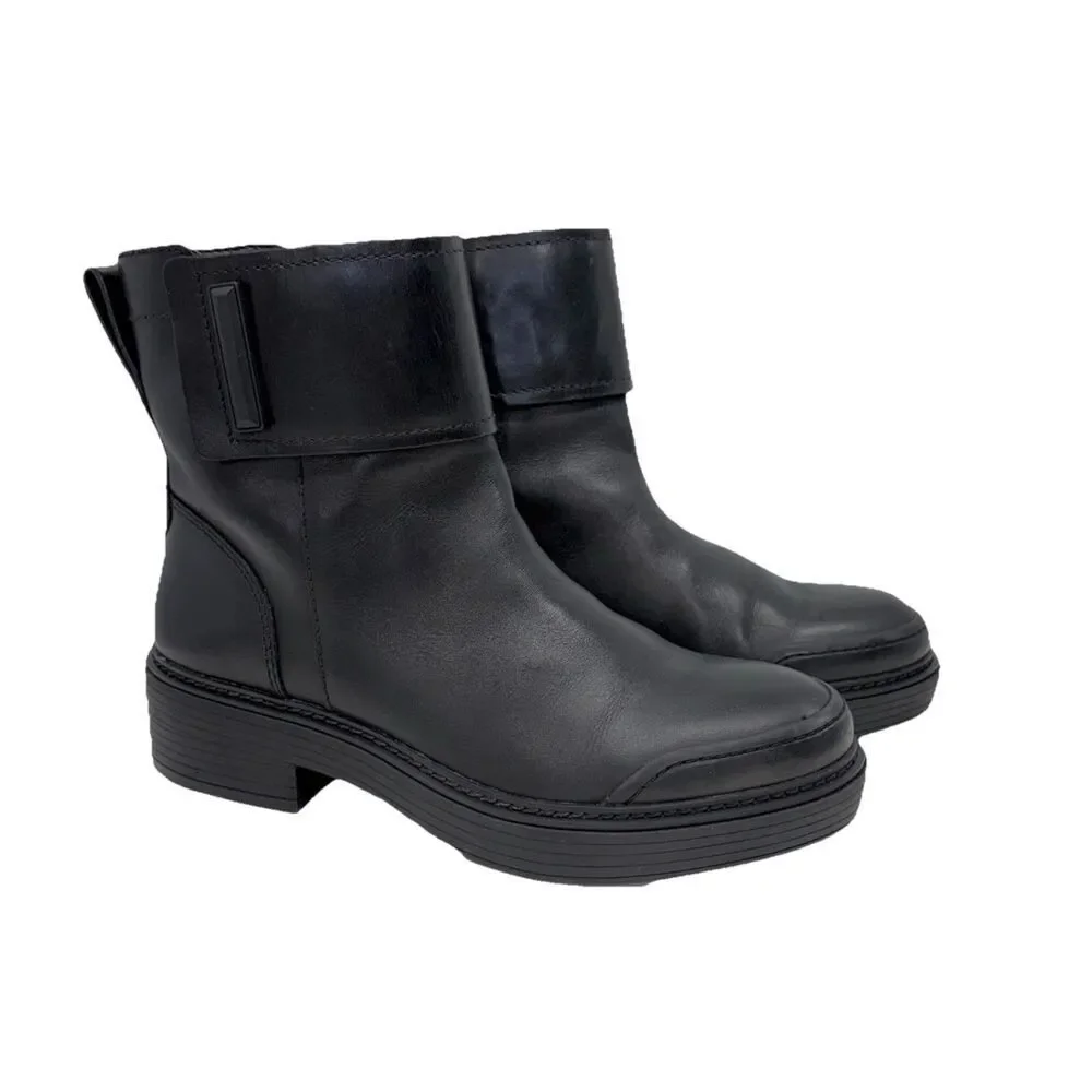 Franco Sarto Karrie Black Leather Ankle Boots Womens Block Heel Side Zip Sz 8.5
